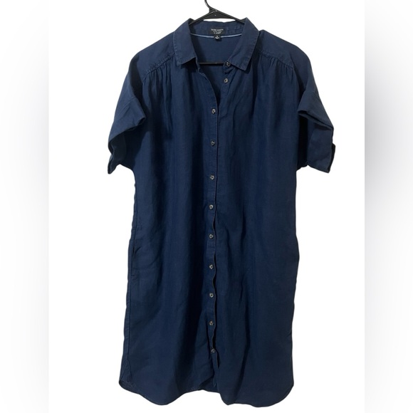 J. Crew Baird McNutt Irish linen navy relaxed fit button up shirt midi dress - Picture 4 of 14